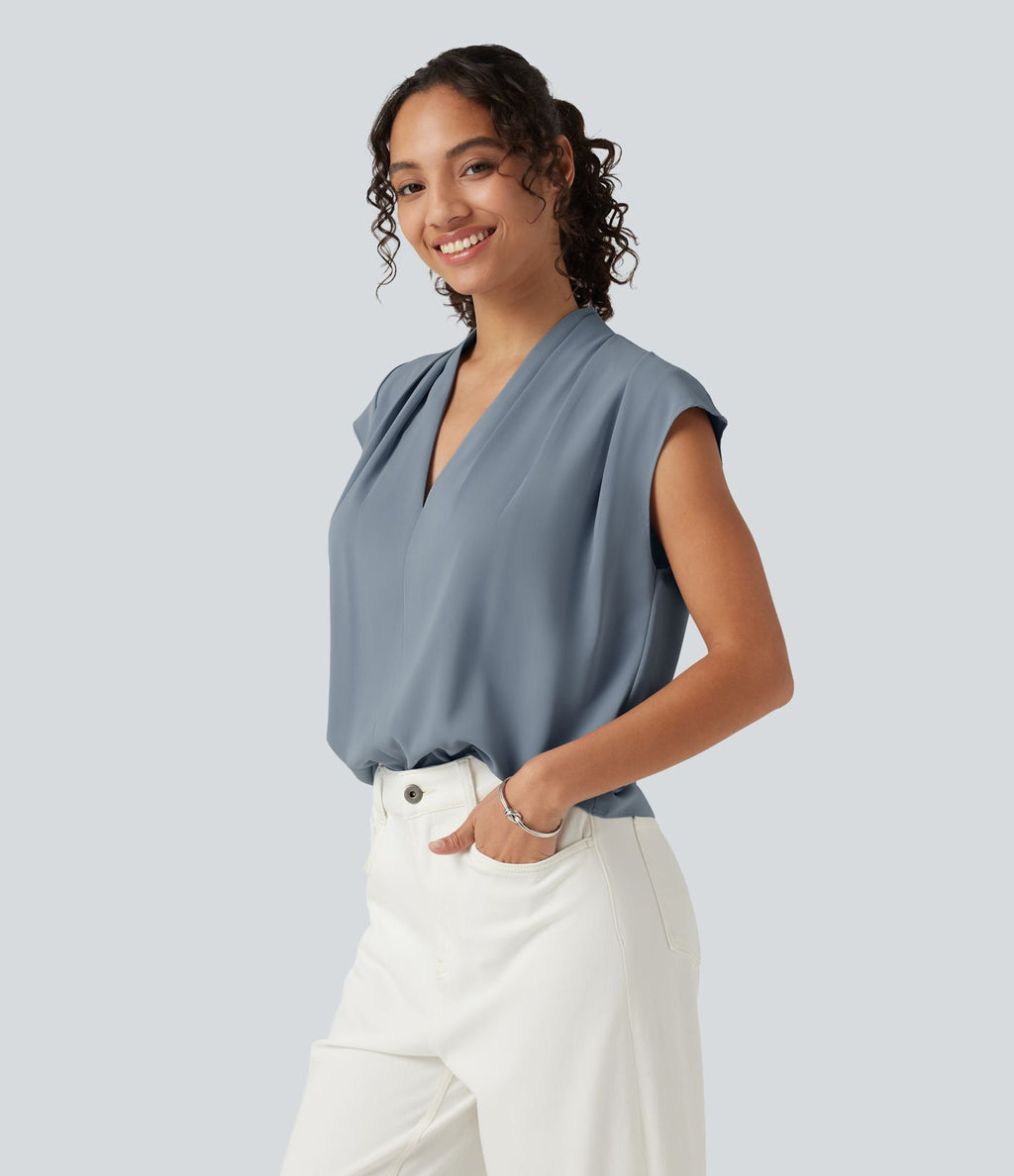 Blouse sans manches défroissage facile, col V, fronces et coupe boxy