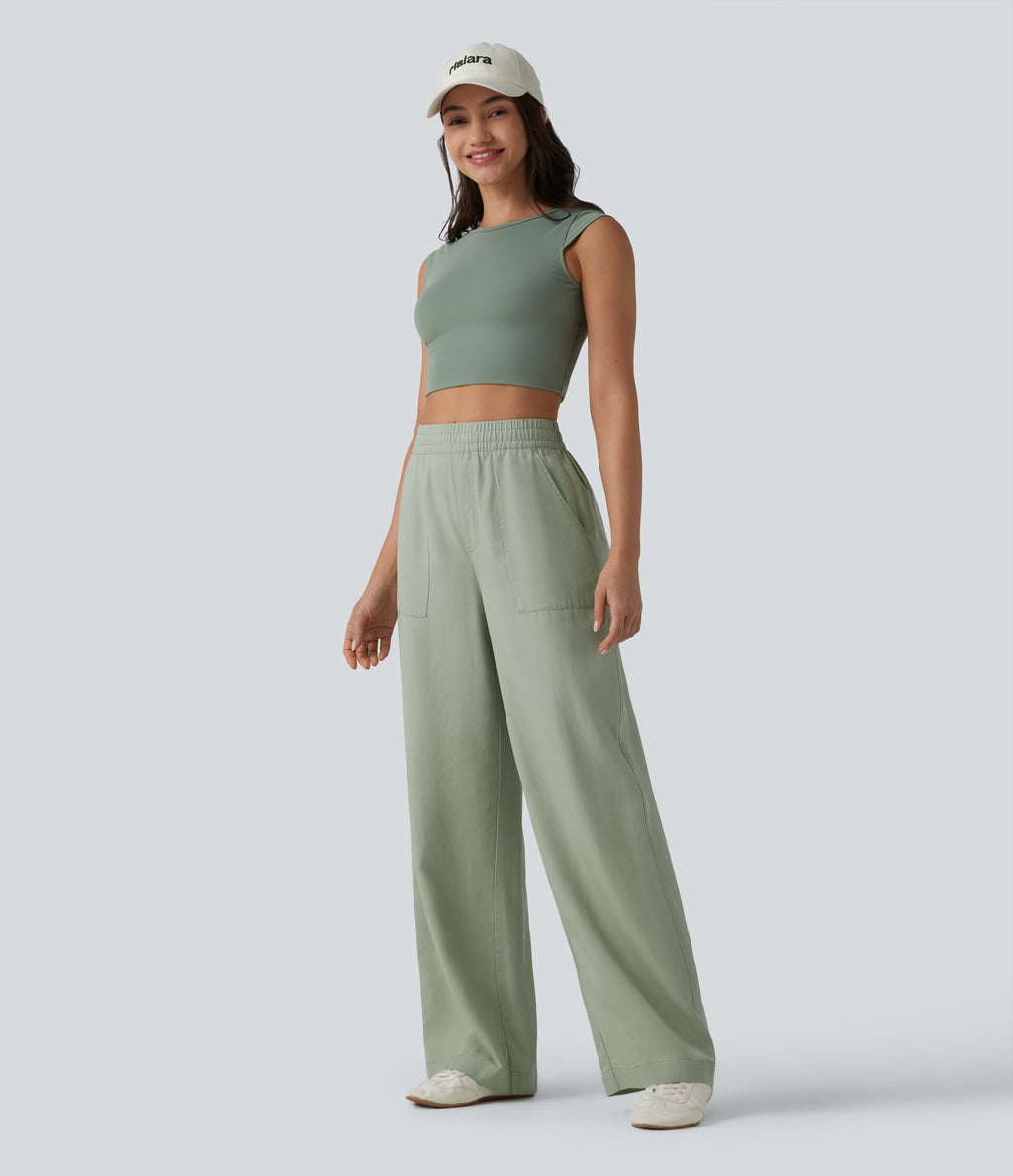 Pantalon large fluide décontracté taille haute en lyocell et lin mélangé avec cordon de serrage intérieur et poches