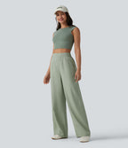 Pantalon large fluide décontracté taille haute en lyocell et lin mélangé avec cordon de serrage intérieur et poches
