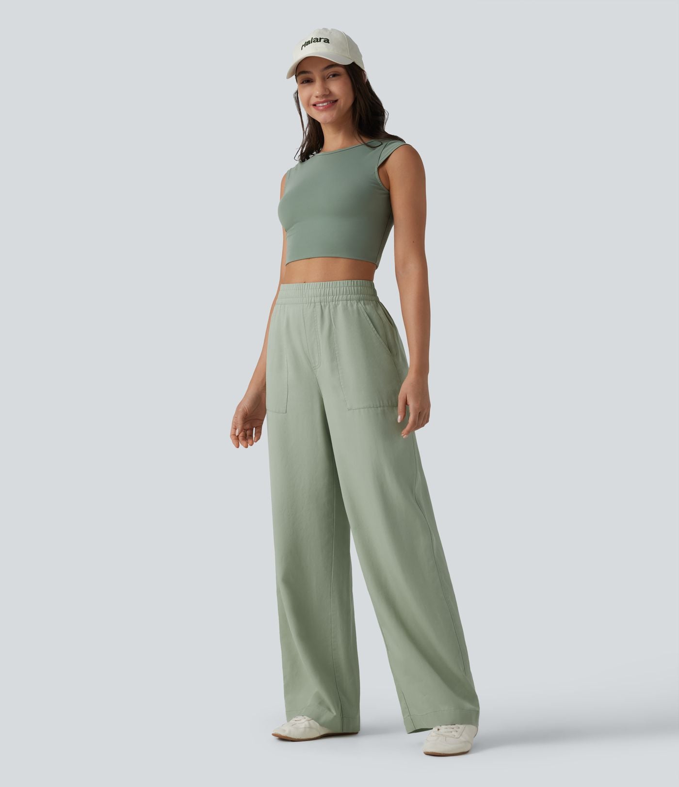 Pantalon large fluide décontracté taille haute en lyocell et lin mélangé avec cordon de serrage intérieur et poches
