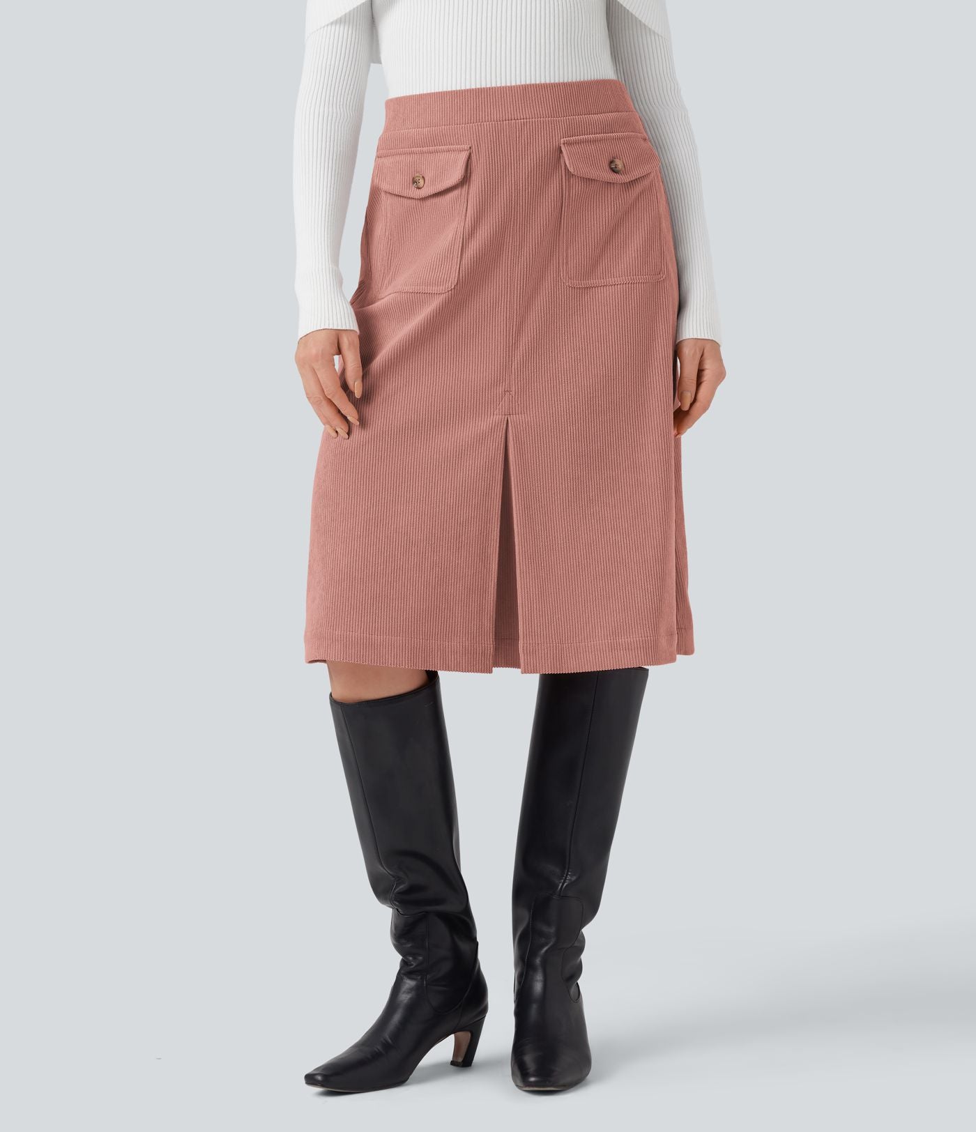 Jupe de décontractée mi-longue en velours côtelé taille moyenne avec poches à rabat et fendue
