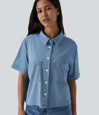 Halara Flex™ Chemise casual à manches courtes en denim lyocell drapé avec poches