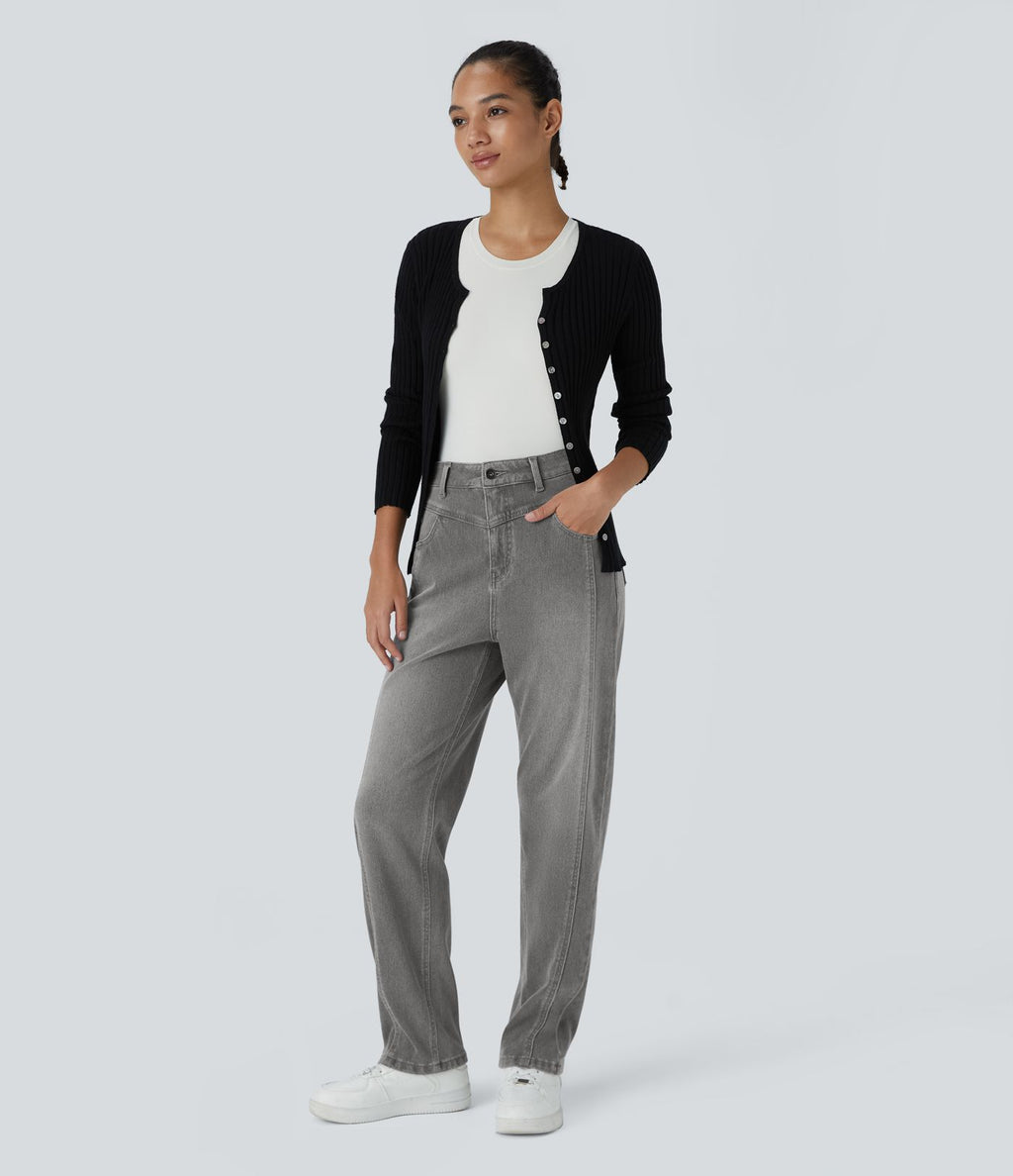 Jean décontracté Halara Flex™ taille haute extensible en maille avec bouton, fermeture éclair, poches multiples et effet délavé