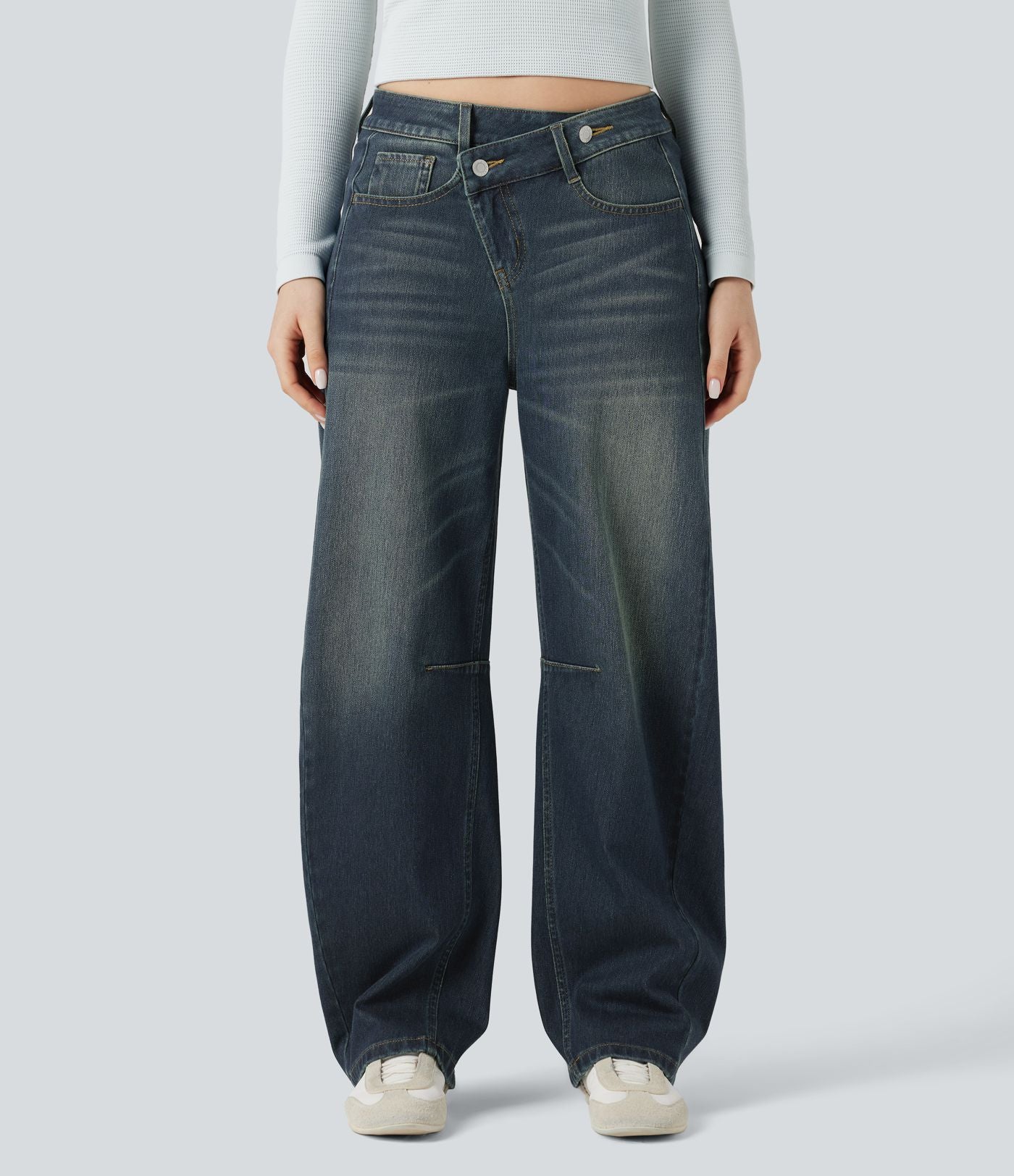 Jean Barrel Halara Flex™ asymétrique délavé taille mi-haute avec poches