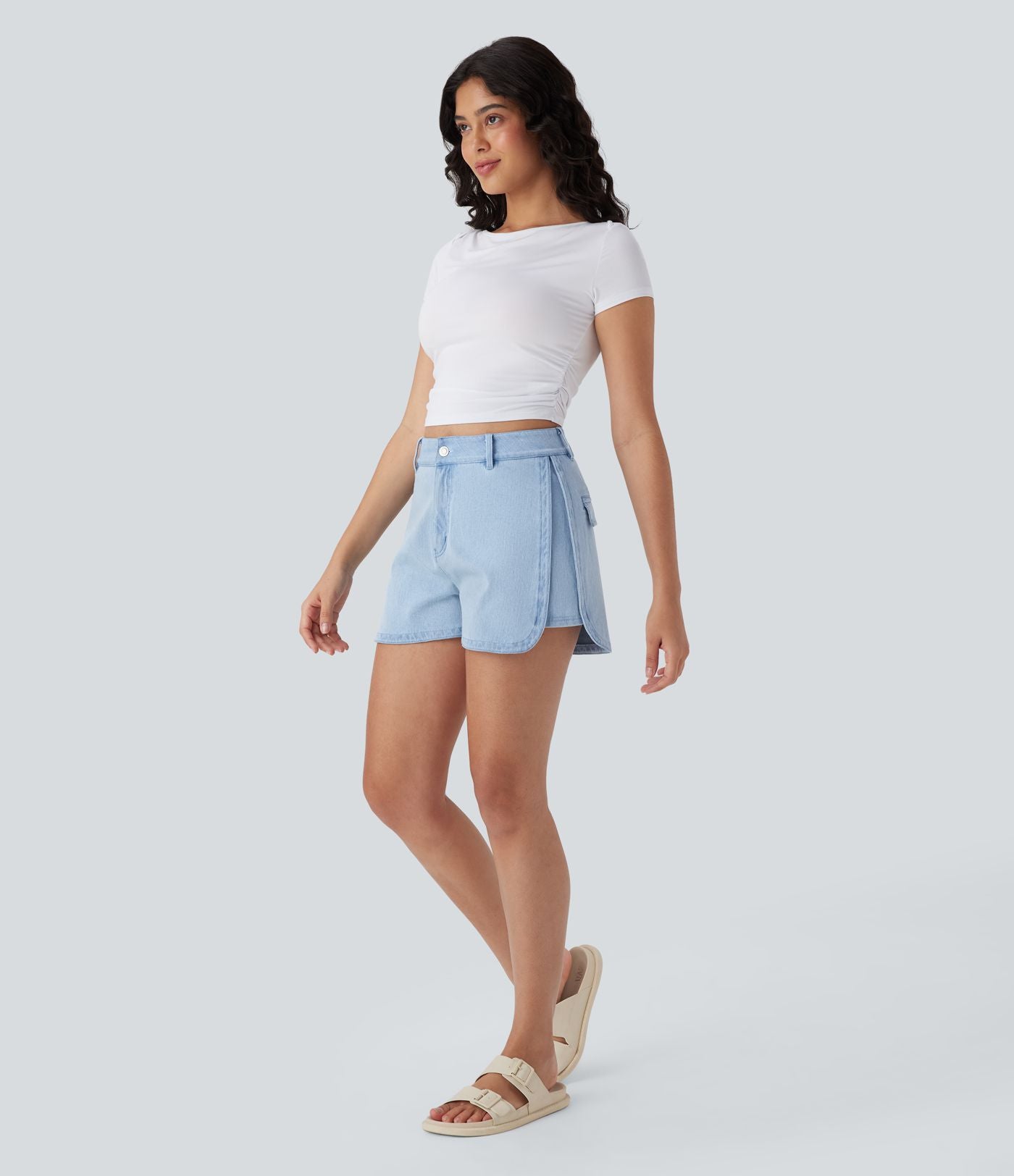 Short décontracté en denim extensible Halara Flex™ taille haute avec bouton, fermeture éclair et ourlet courbé 7,5 cm