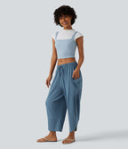 Pantalon court décontracté taille haute avec cordon de serrage, ourlet arrondi, effet lin et poches
