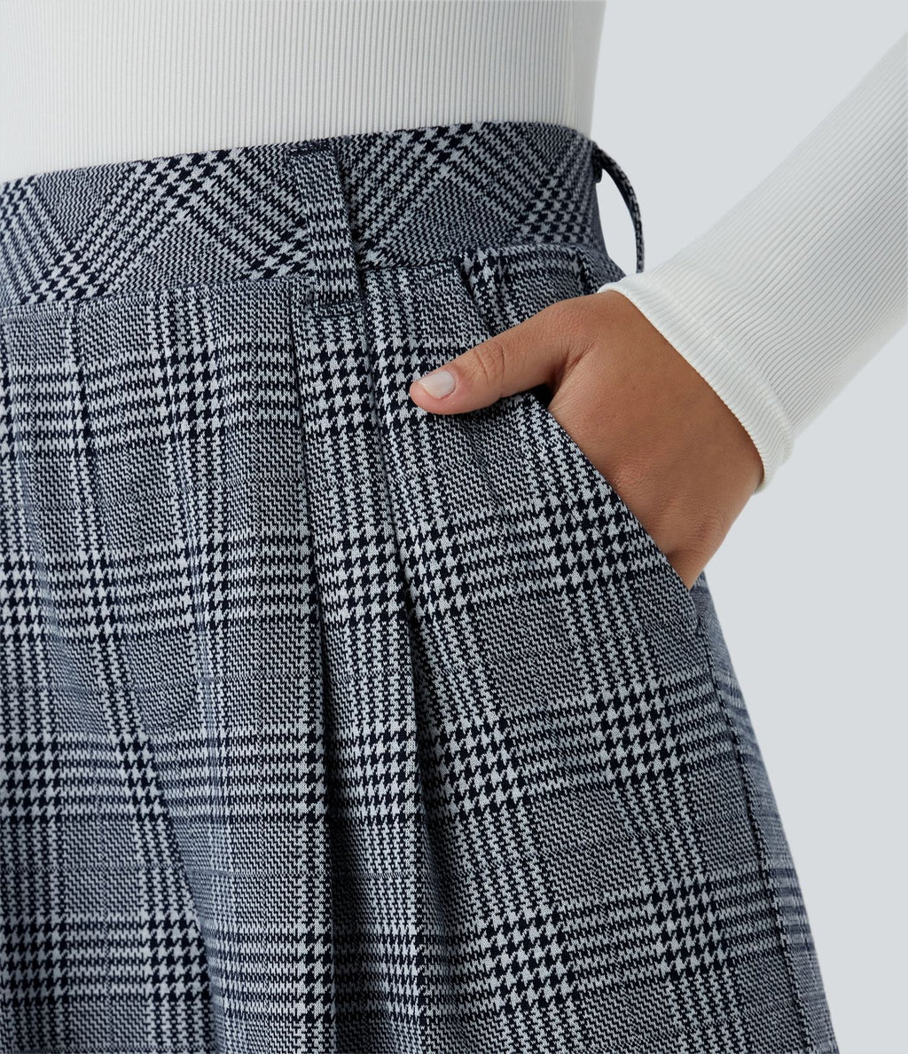 Pantalon taille haute décontracté large à carreaux, avec poches