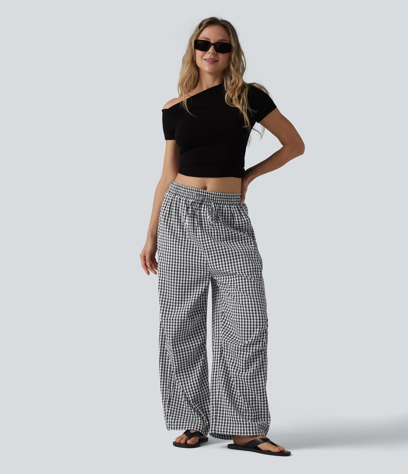 Pantalon ample décontracté à carreaux vichy, taille mi-haute, cordon de serrage et poches