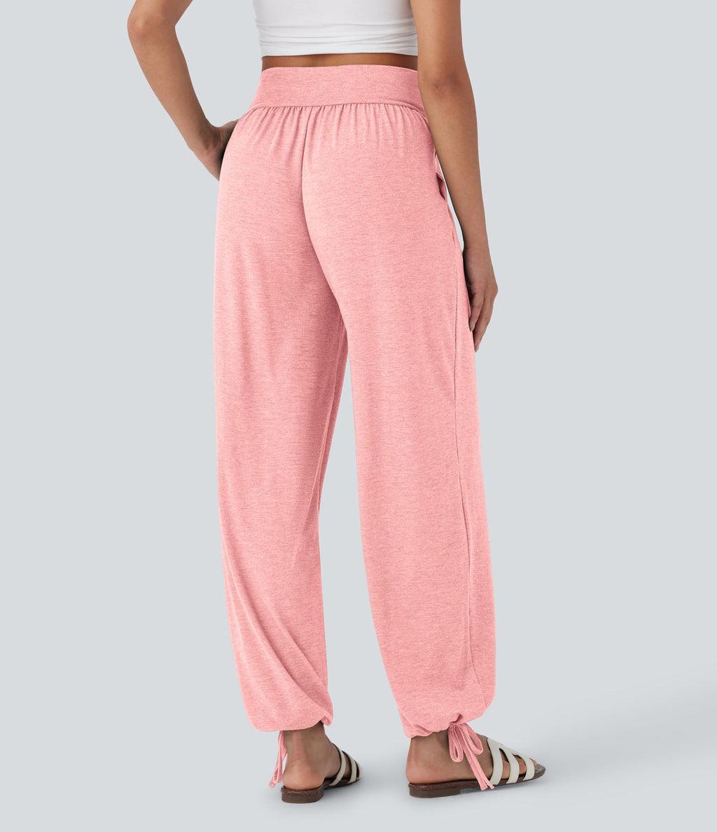 Pantalon de jogging décontracté à taille haute croisée avec poches latérales et cordon de serrage