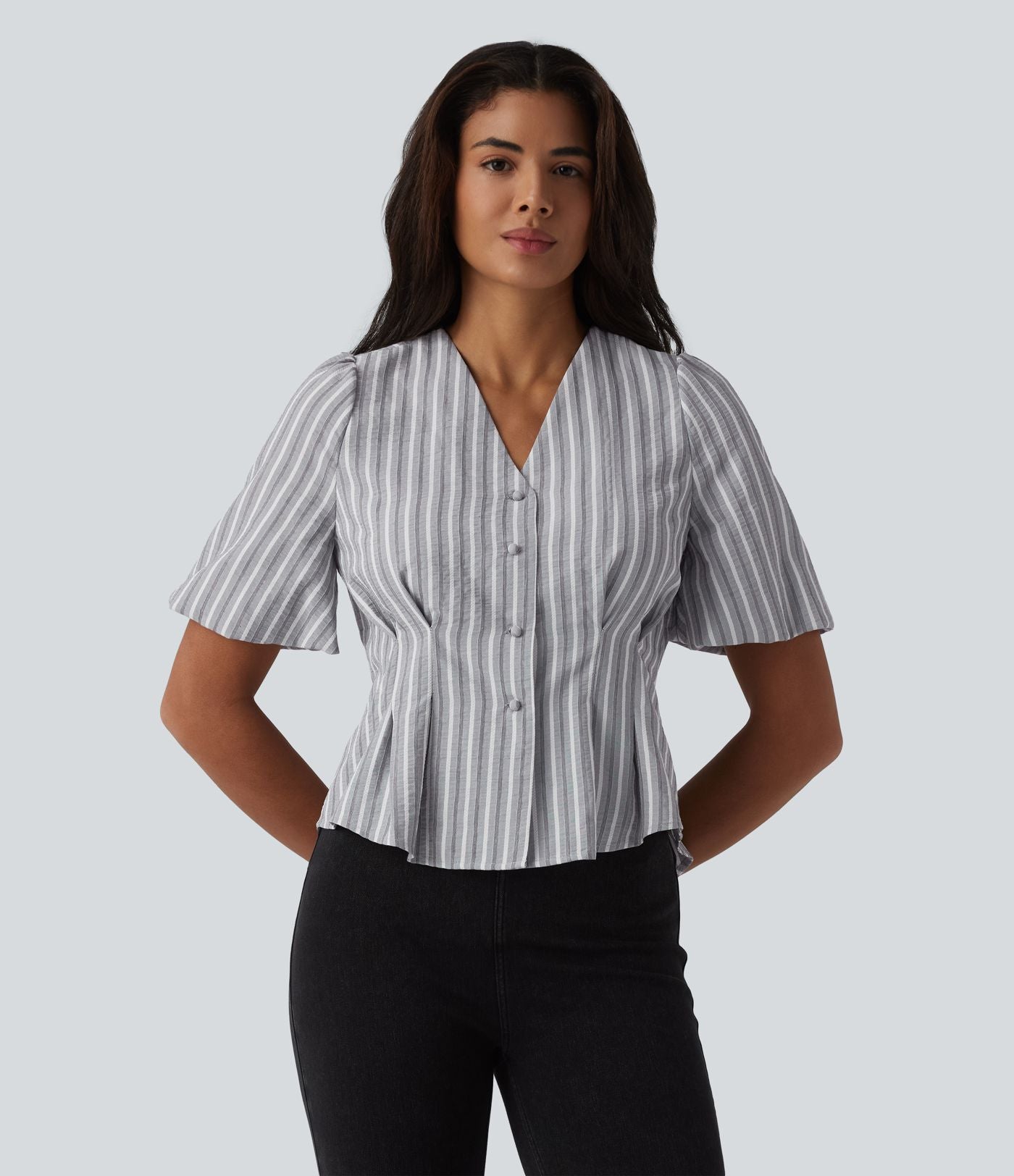 Blouse casual à rayures col V et manches bouffantes mi-longues