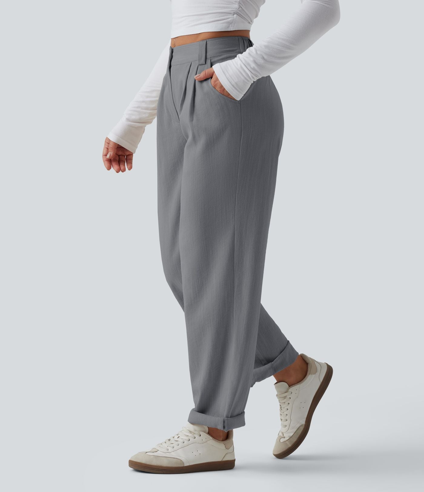 Pantalon décontracté mi-taille effet lin avec poches