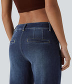 Jean décontracté délavé taille basse en maille extensible, coupe droite avec poches avant et fermeture zippée