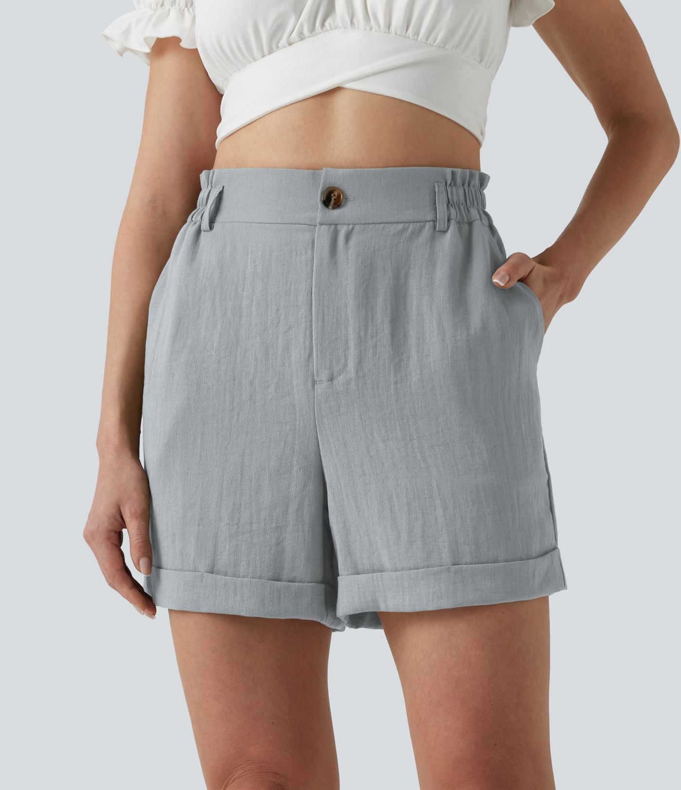 Short resort 12,5 cm taille haute effet lin avec ourlet roulotté et poches