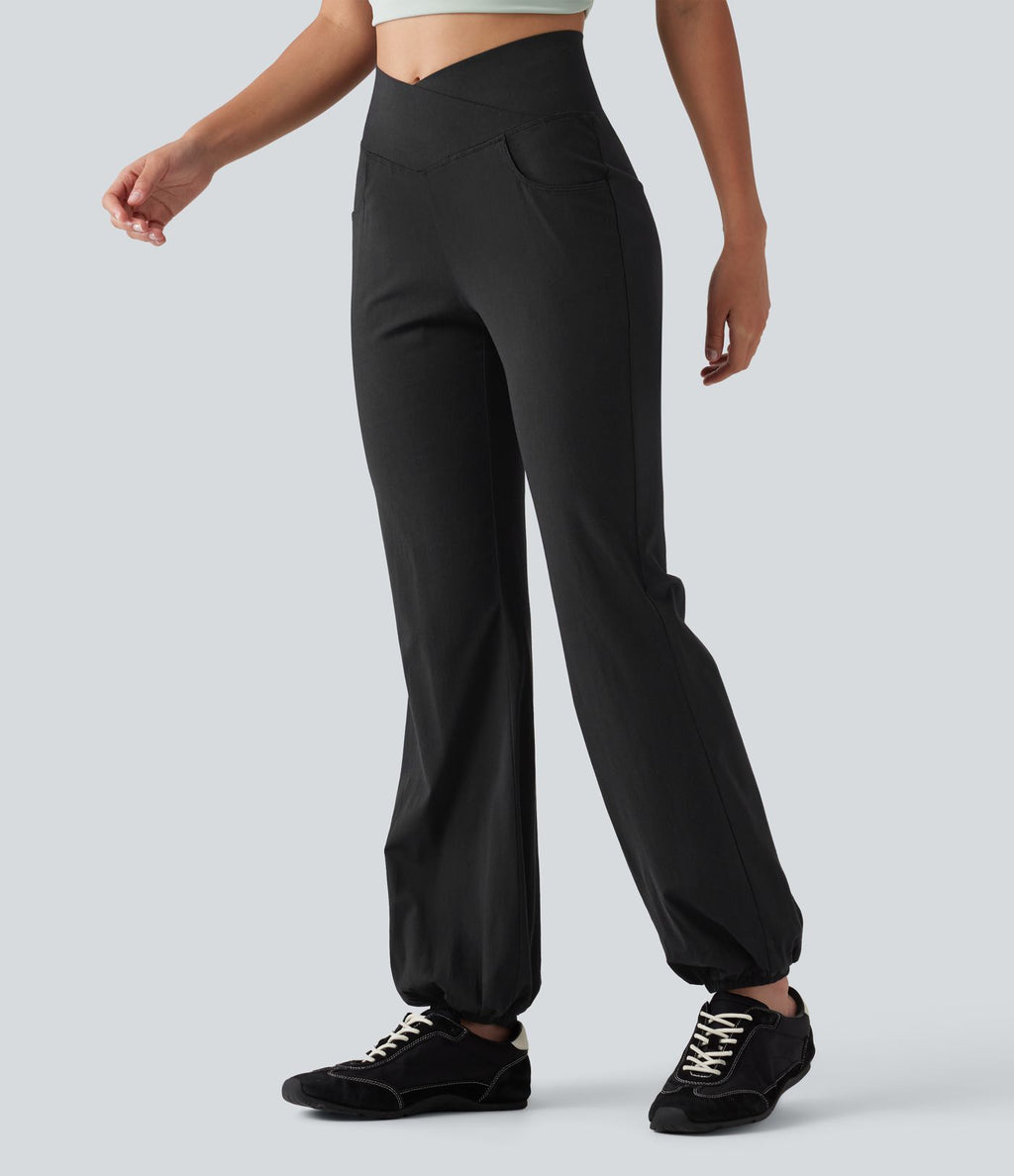 Jogging bouffant casual en lin extensible à taille haute croisée avec poches