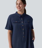 Robe casual mi-longue col manches courtes ourlet courbe avec poches
