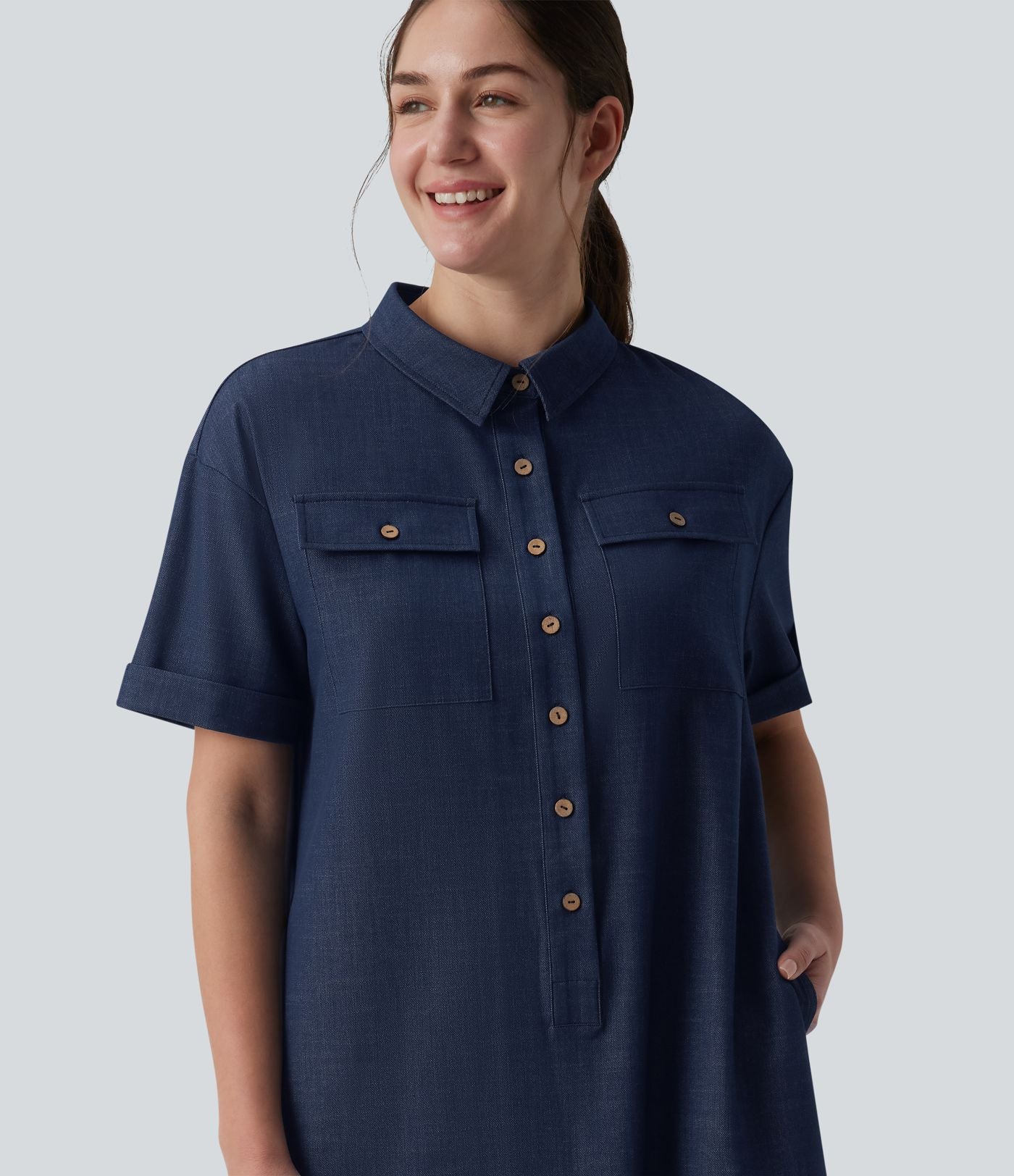 Robe casual mi-longue col manches courtes ourlet courbe avec poches