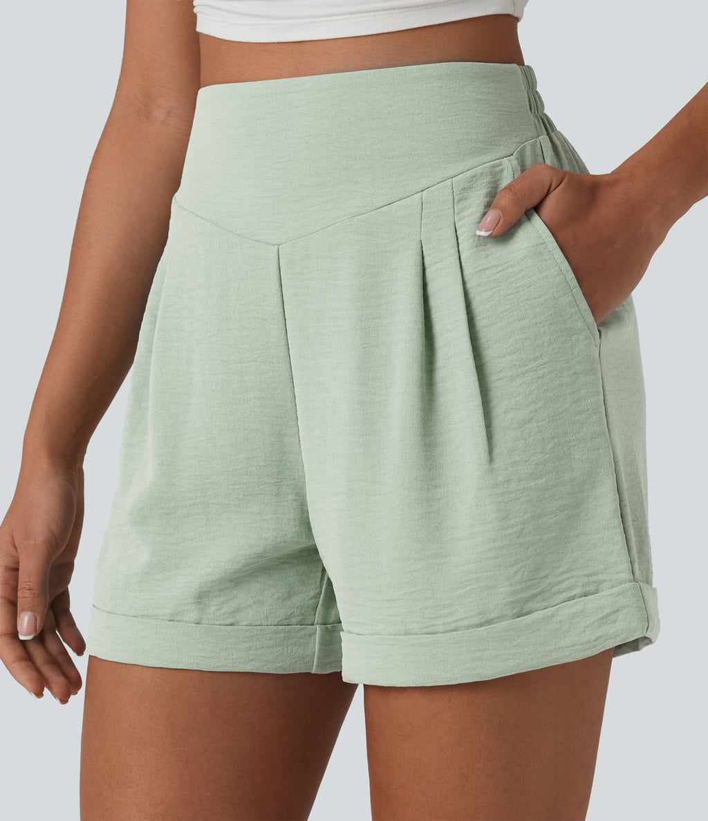Short détente effet lin taille haute, entrejambe 10cm avec poches