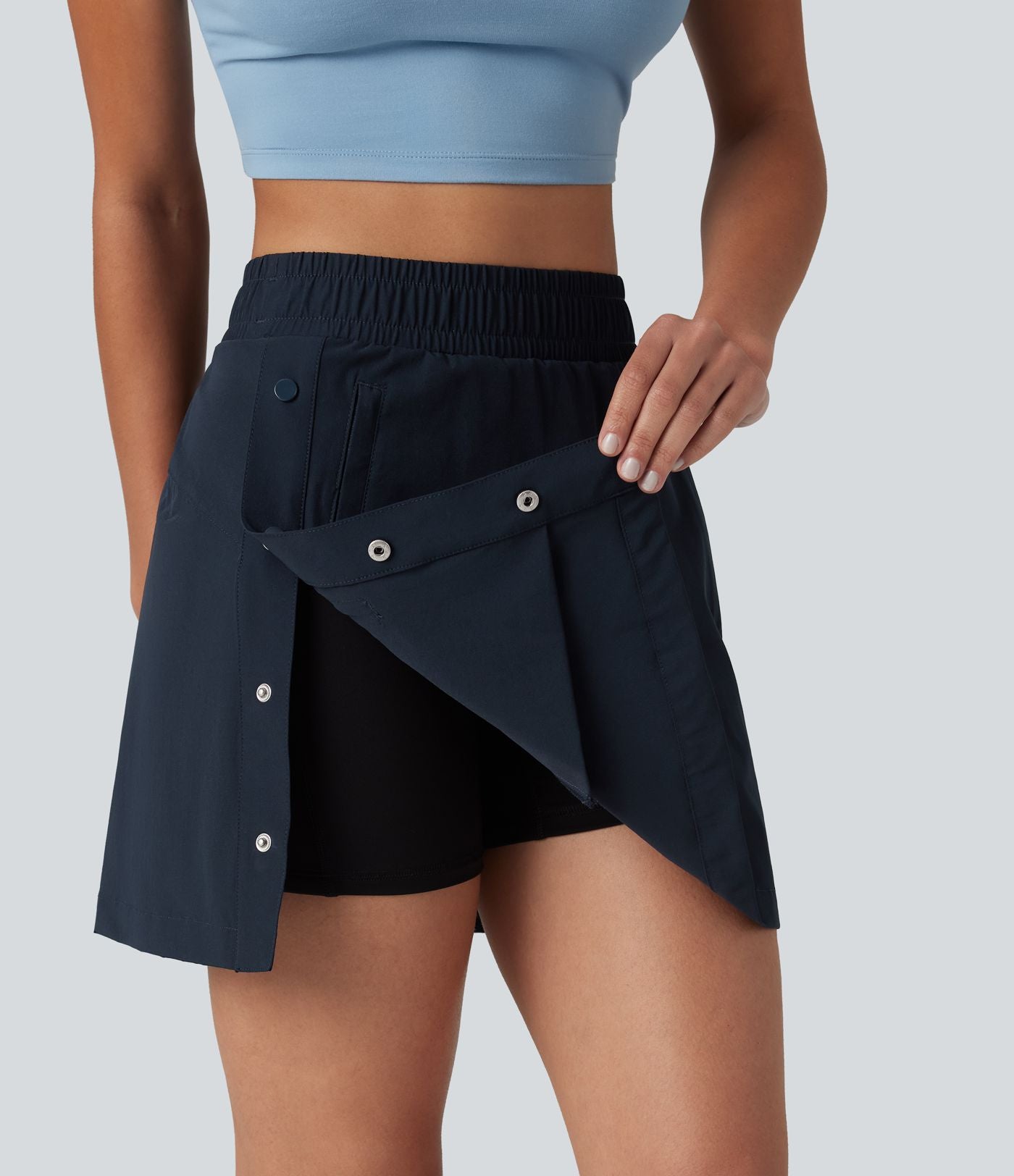Jupe mini trapèze 2-en-1 taille haute avec boutons-pression et poches pour la randonnée