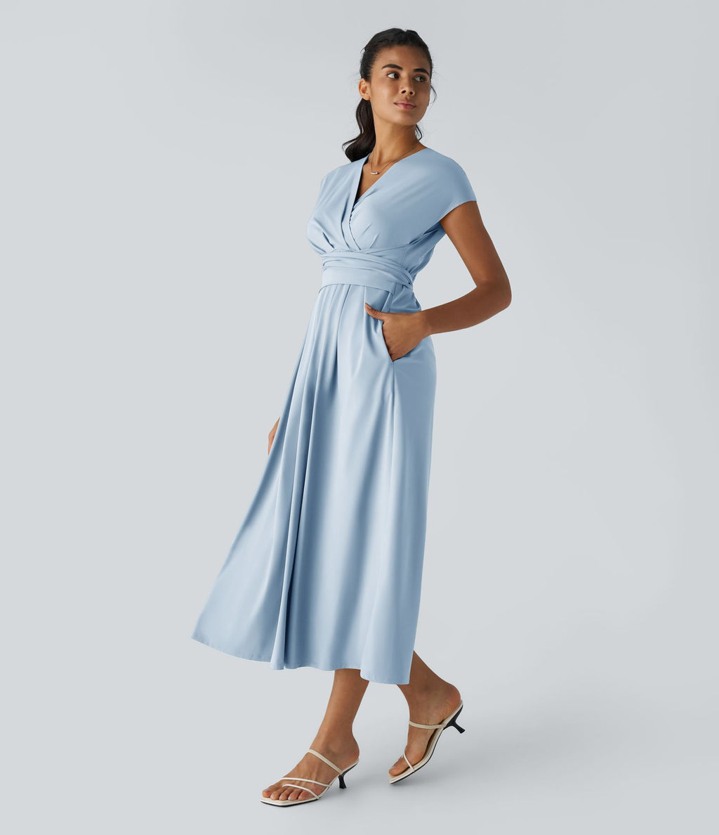 Breezeful™ Robe Mi-Longue Col en V Manches Courtes Poche Latérale Nouée au Dos Séchage Rapide