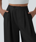 Pantalon large fluide casual taille haute plissé drapé en lin avec poches
