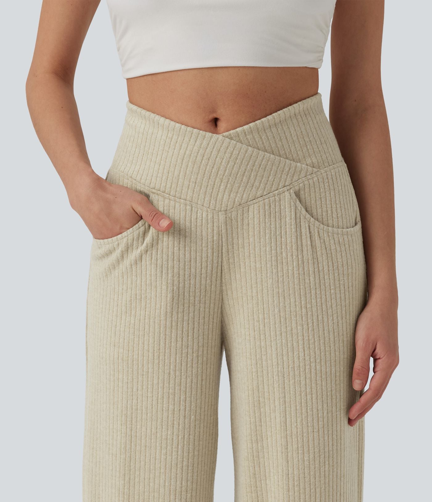 Pantalon droit décontracté côtelé croisé gainant taille haute avec poches