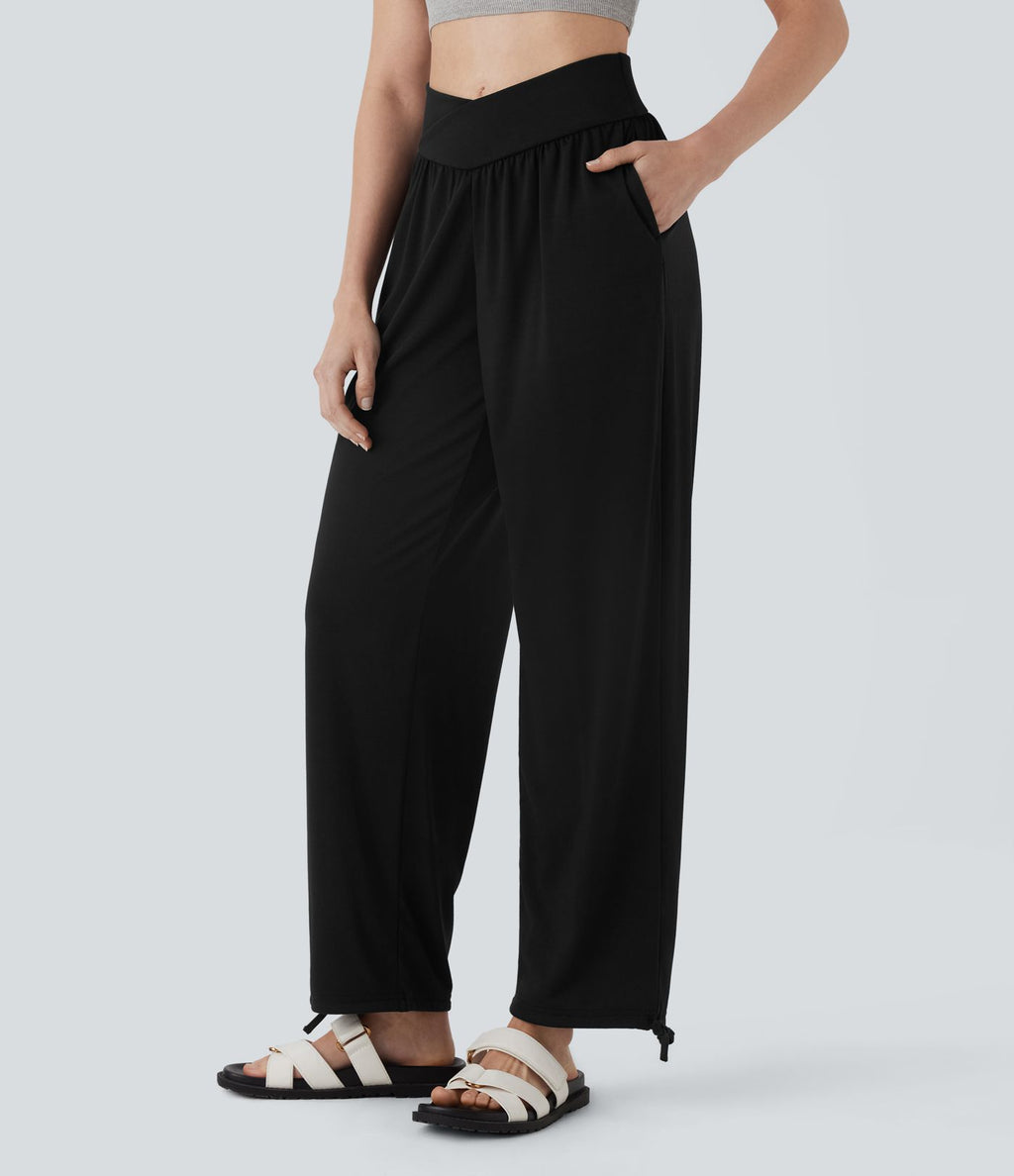 Pantalon de jogging décontracté à taille haute croisée avec poches latérales et cordon de serrage