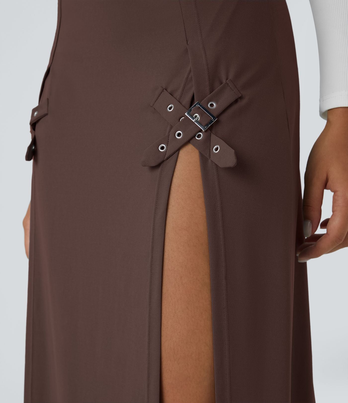 Jupe Casual Maxi 2 en 1 Taille Haute Boucle Décorative Fente