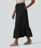 Jupe casual mi-longue évasée en popeline stretch taille haute avec cordon de serrage, ourlet volanté et poches