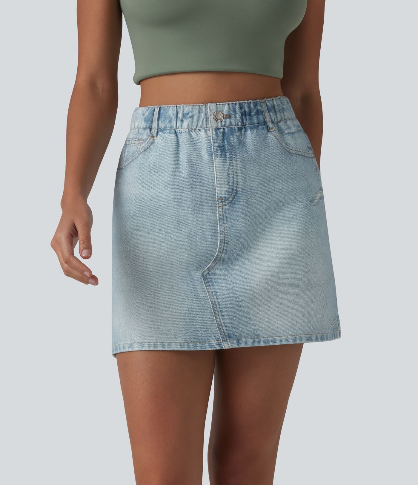 Jupe décontractée taille haute en denim imprimé, molleton français, avec poches