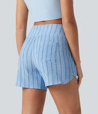Short casual taille haute ourlet arrondi rayures avec poches
