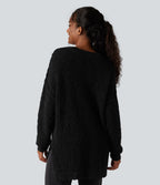 Pull décontracté à décolleté en V, manches longues et ourlet asymétrique
