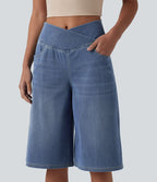 Short en jean ample Halara Flex™ taille haute croisé gainant décontracté avec poches