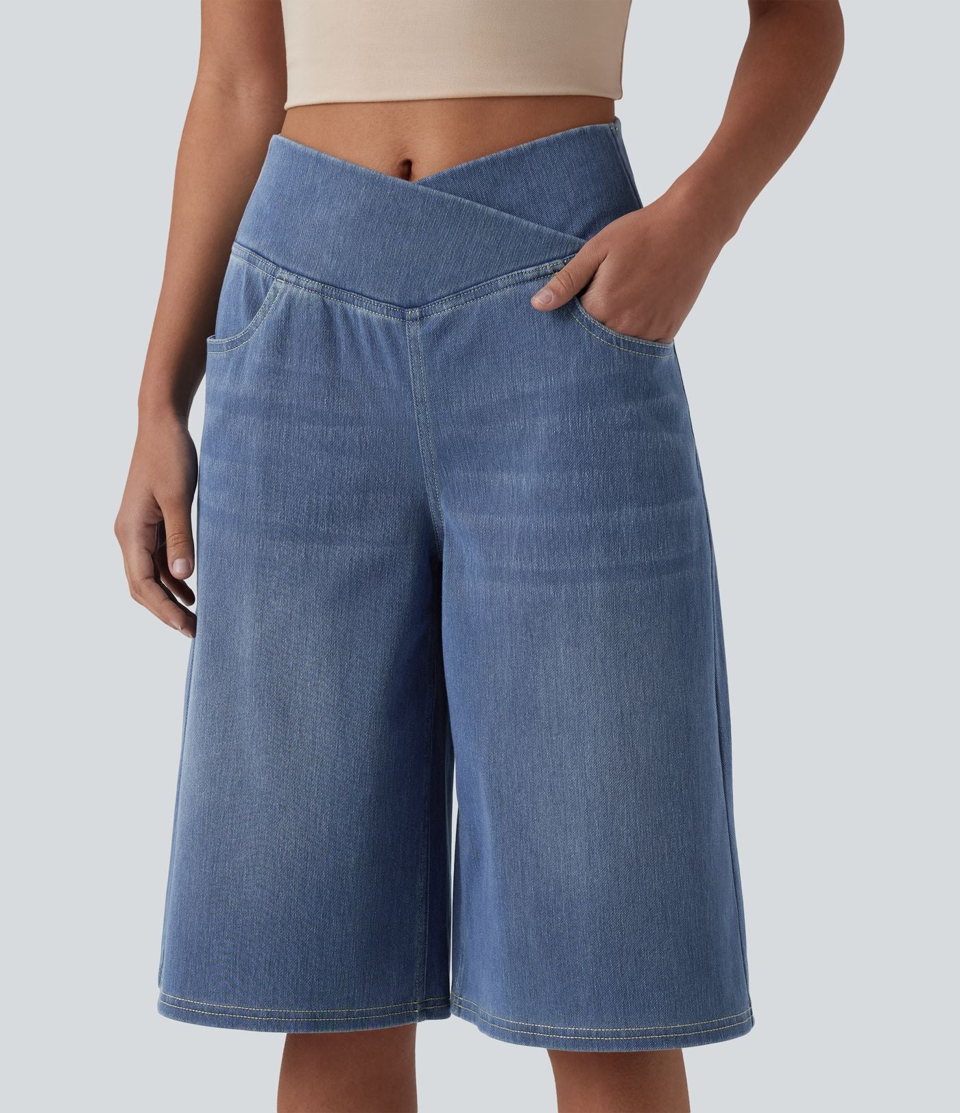 Short en jean ample Halara Flex™ taille haute croisé gainant décontracté avec poches