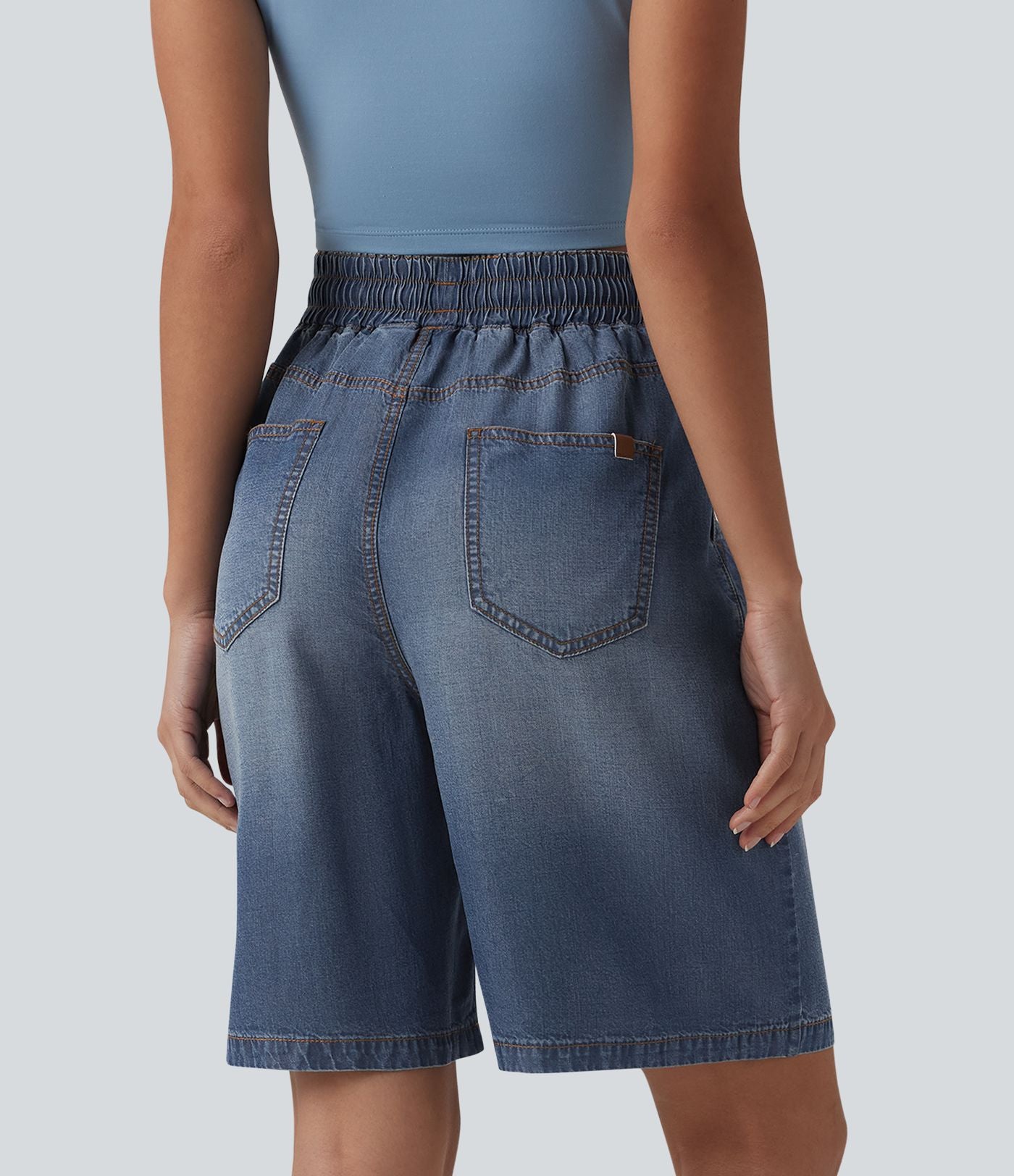 Short denim décontracté taille haute en lyocell 22,8 cm avec cordon de serrage et poches