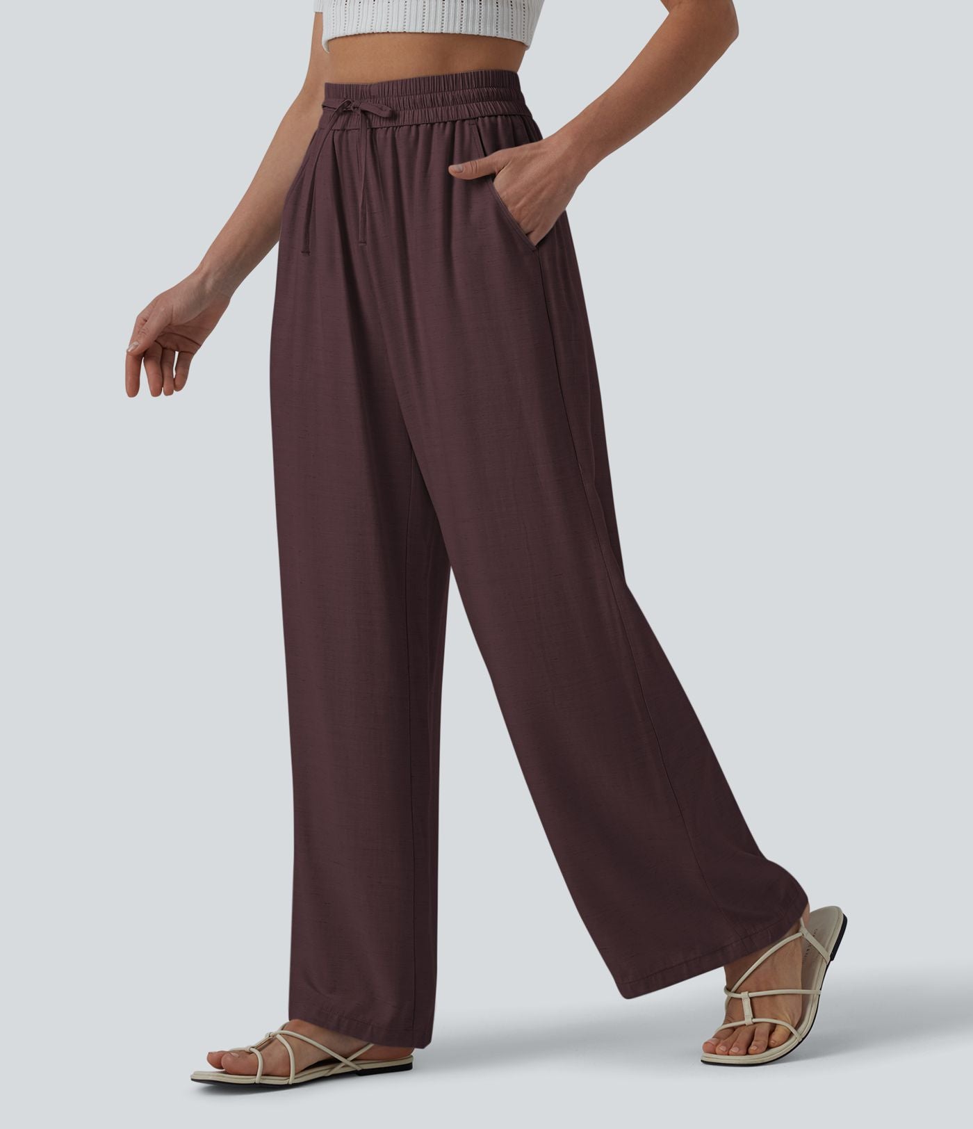Pantalon casual large fluide mélange lin taille haute avec cordon de serrage et poches