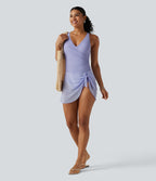 Robe de bain 2-en-1 gainante col V croisé avec fronces, ourlet asymétrique noué, mesh contrasté et brassière intégrée
