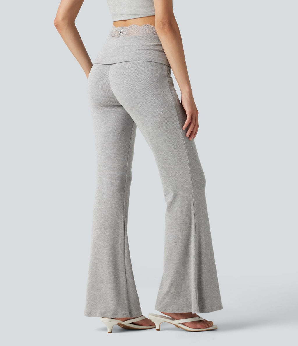 Pantalon décontracté évasé à taille mi-haute en maille côtelée extensible avec poches
