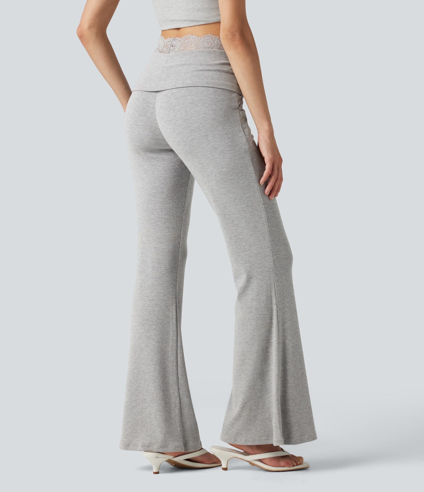 Pantalon décontracté évasé à taille mi-haute en maille côtelée extensible avec poches