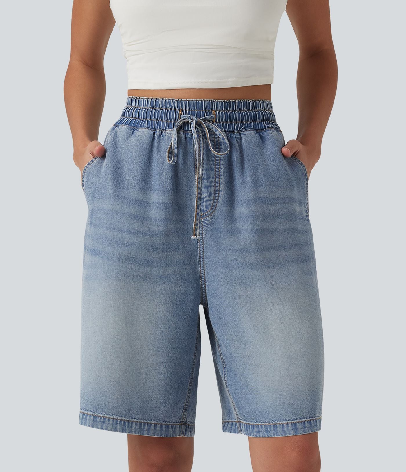 Short denim décontracté taille haute en lyocell 22,8 cm avec cordon de serrage et poches