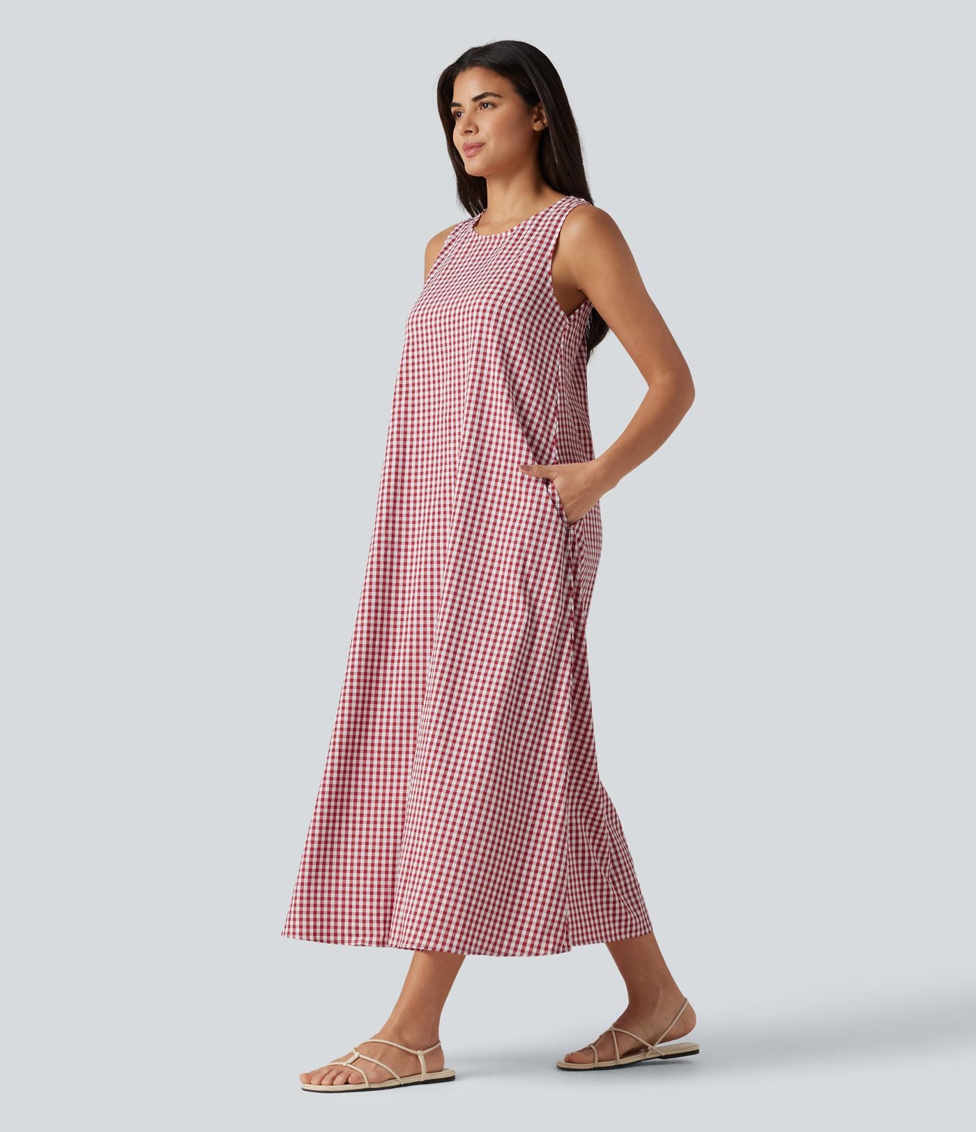 Robe débardeur midi décontractée col rond sans manches en vichy froissé avec poches