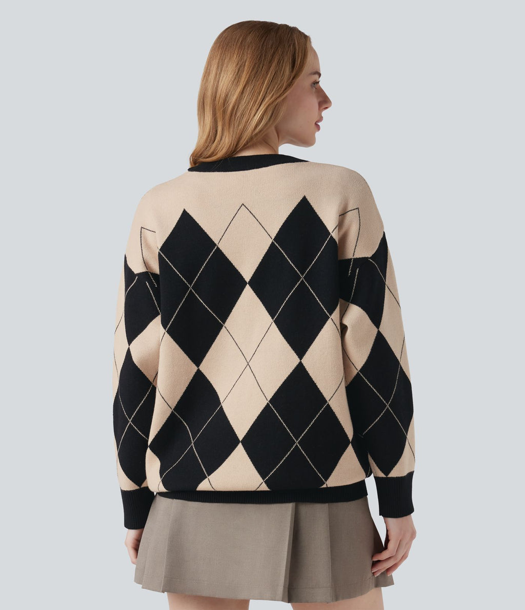 Pull de travail carreaux losange col rond manches longues