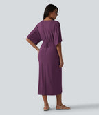 Robe midi col V manches chauve-souris ourlet tulipe torsadé