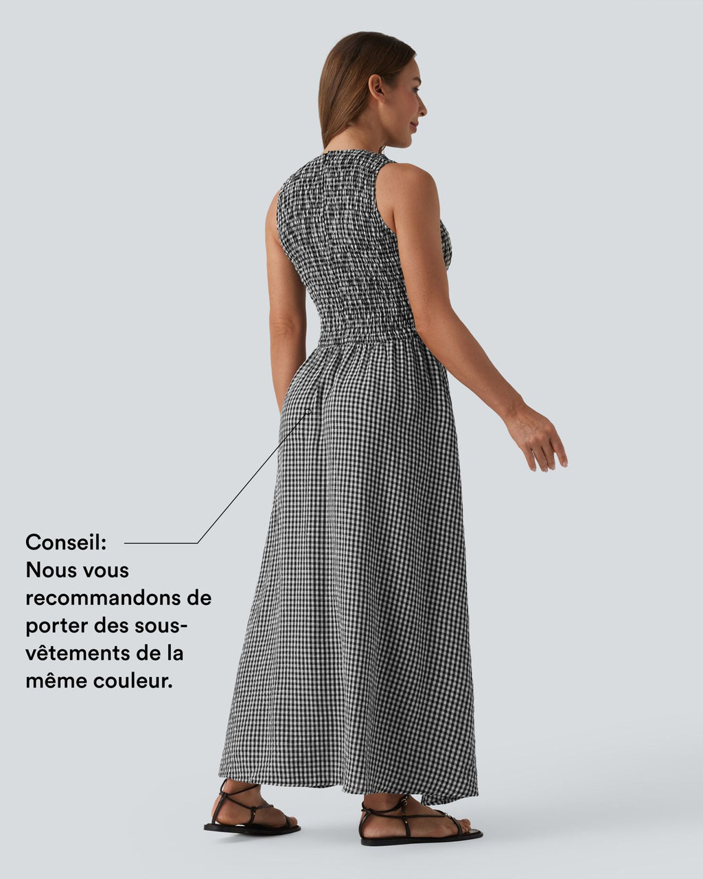 Robe midi fluide casual col rond sans manches à smocks et carreaux aspect lin avec poches