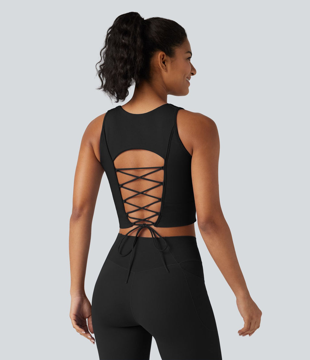 OneForm Seamless Flow Débardeur de yoga court col V avec brassière intégrée et laçage