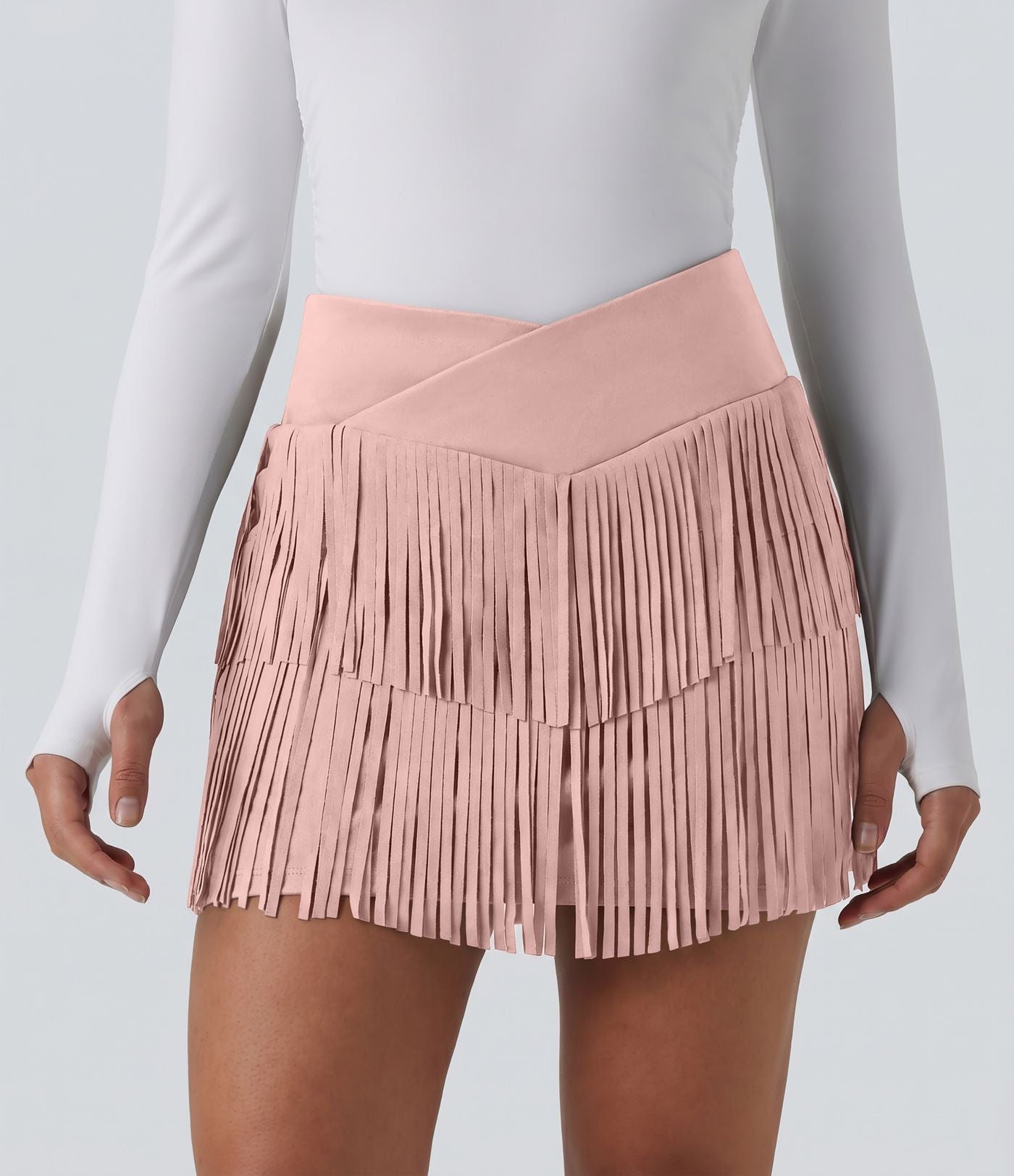 Jupe mini de soirée ajustée effet daim taille haute croisée 2-en-1 à franges