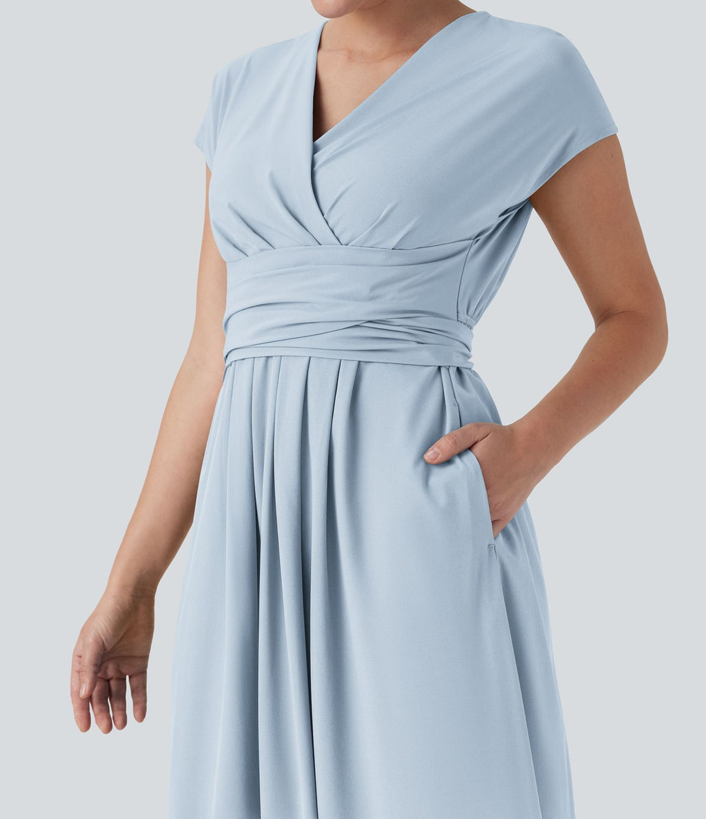 Robe midi Breezeful™ col V manches courtes à liens dans le dos séchage rapide avec poches latérales