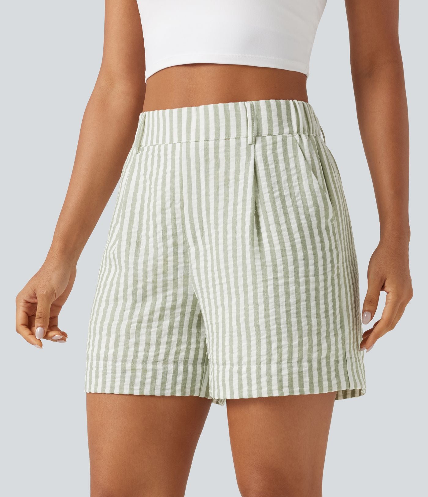 Short casual taille haute à rayures avec poches et aspect lin