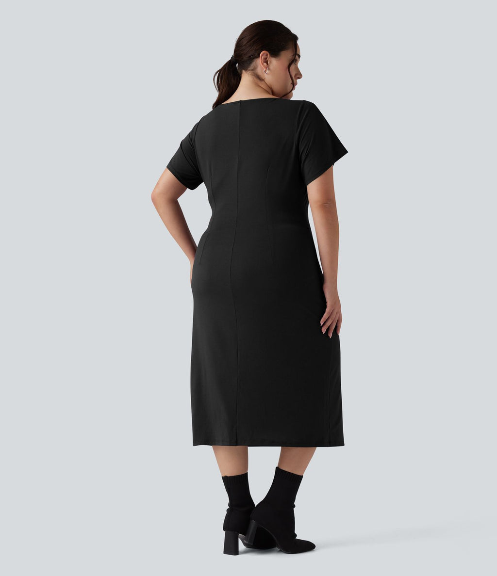 Robe midi grande taille moulante froncée à manches courtes avec fente pour le travail