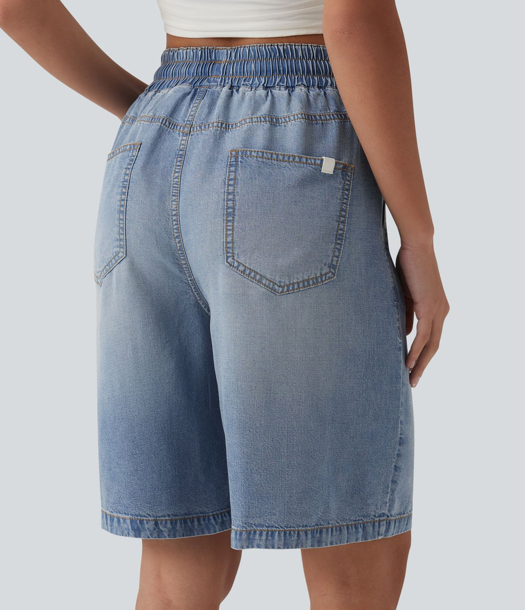 Short denim décontracté taille haute en lyocell 22,8 cm avec cordon de serrage et poches