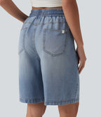 Short denim décontracté taille haute en lyocell 22,8 cm avec cordon de serrage et poches